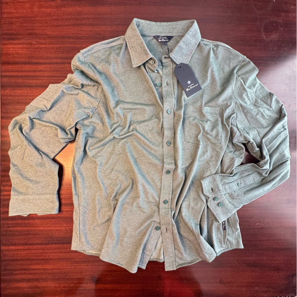 Ben Sherman Green Woven Pique Button-Up Shirt NWT